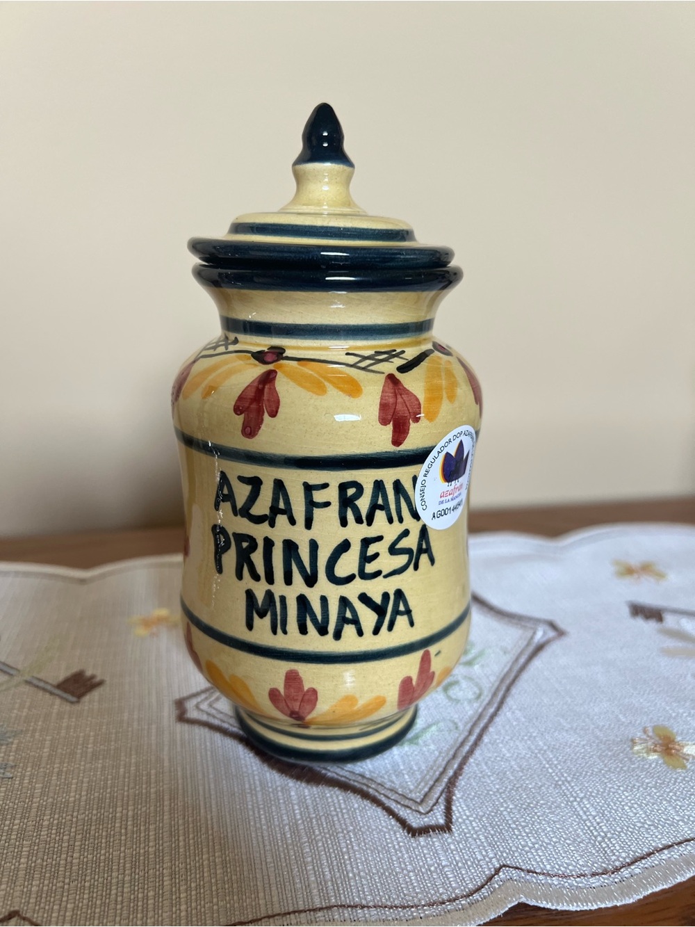 Princesa de Minaya Saffron Jar with Lid Ceramic Hand-Painted Yellow Blue - EMPTY